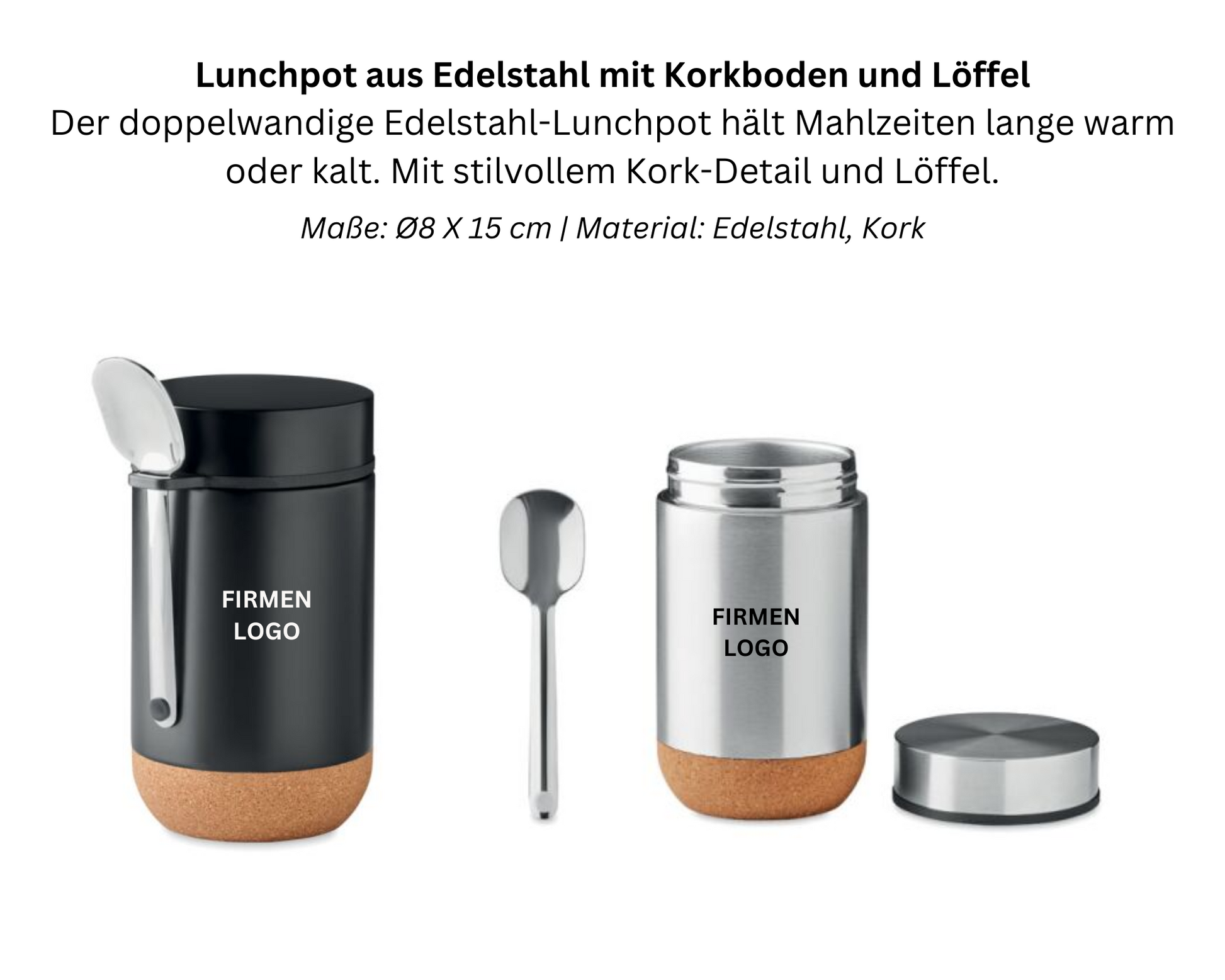 Lunchpot edelstahl kork löffel logo personalisiert