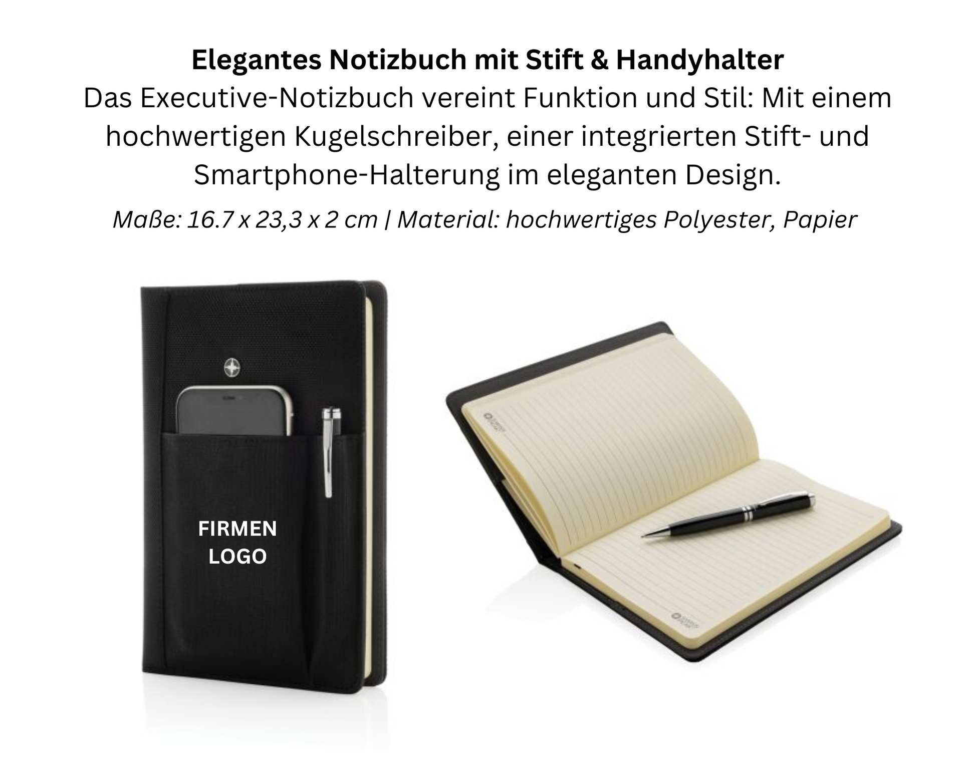 Notizbuch mit Stift und Smartphonehalterung