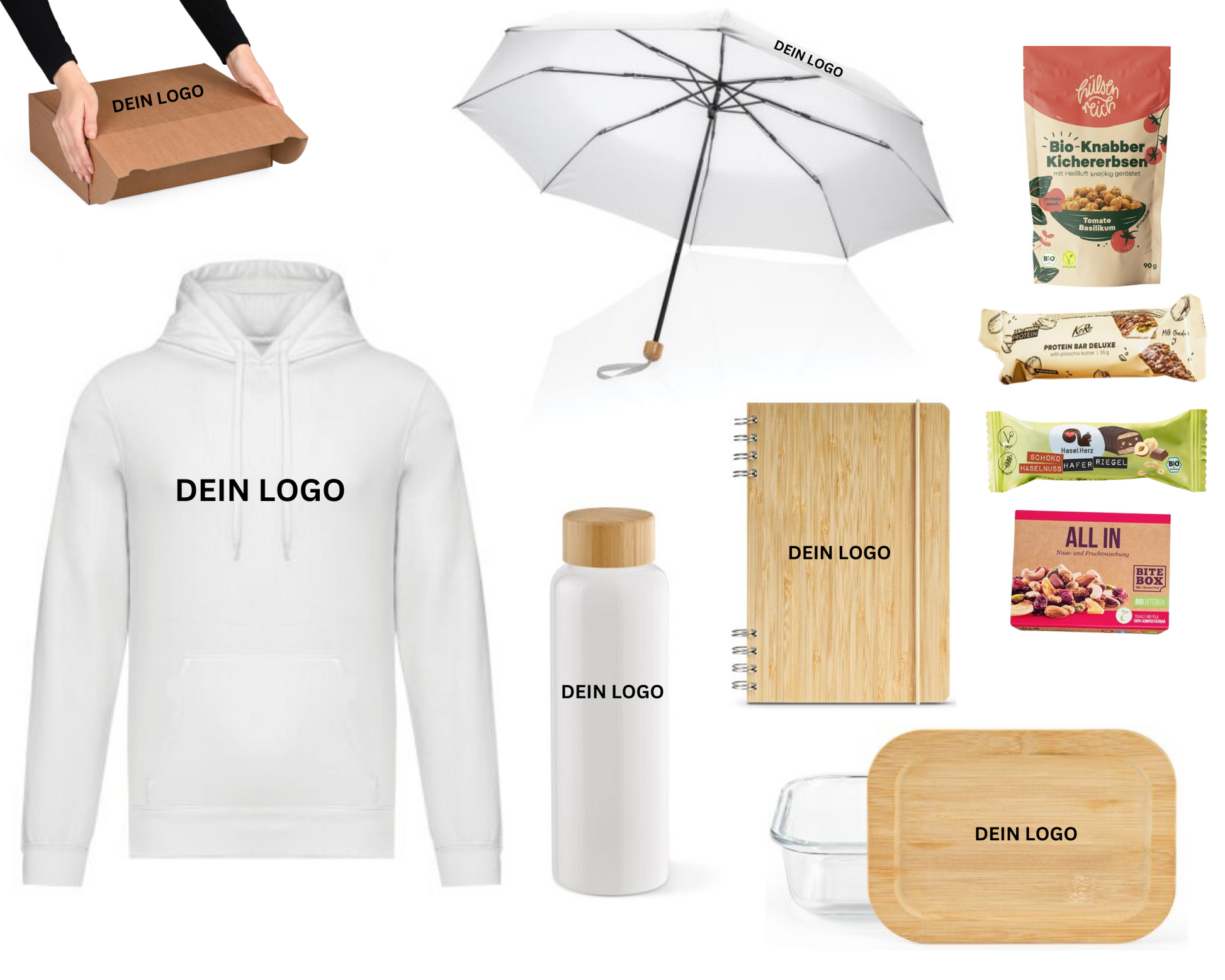 layana life onboarding nachhaltig eco reclyclet hoodie schirm flasche notizblock lunch box gesunde snacks weiß bambus 