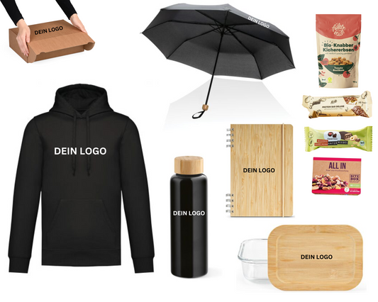 layana life onboarding nachhaltig eco reclyclet hoodie schirm flasche notizblock lunch box gesunde snacks schwarz