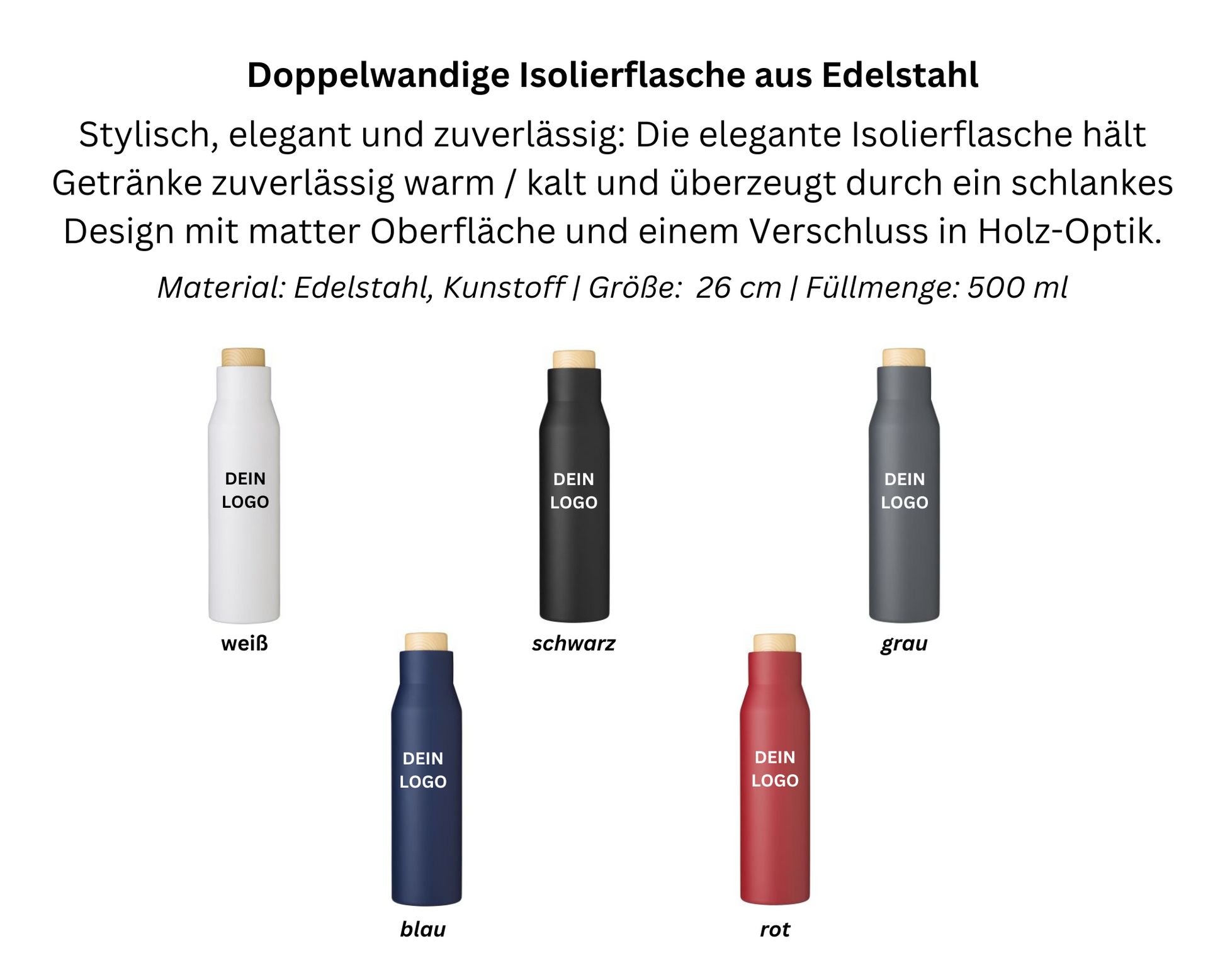 thermosflasche isoflasche isolierflasche holz verschluss logo druck personalisiert weiß schwarz grau blau rot