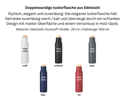 thermosflasche isoflasche isolierflasche holz verschluss logo druck personalisiert weiß schwarz grau blau rot