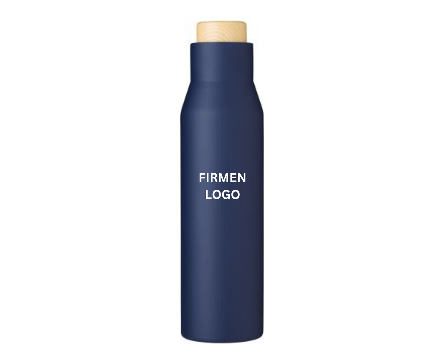 thermosflasche isoflasche isolierflasche holz verschluss logo druck personalisiert blau