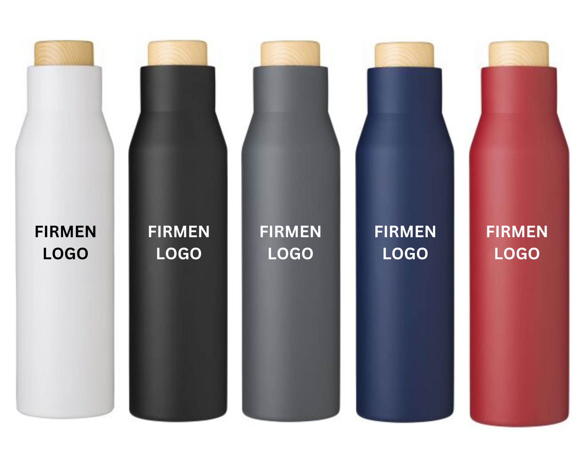 thermosflasche isoflasche isolierflasche holz verschluss logo druck personalisiert weiß schwarz grau blau rot